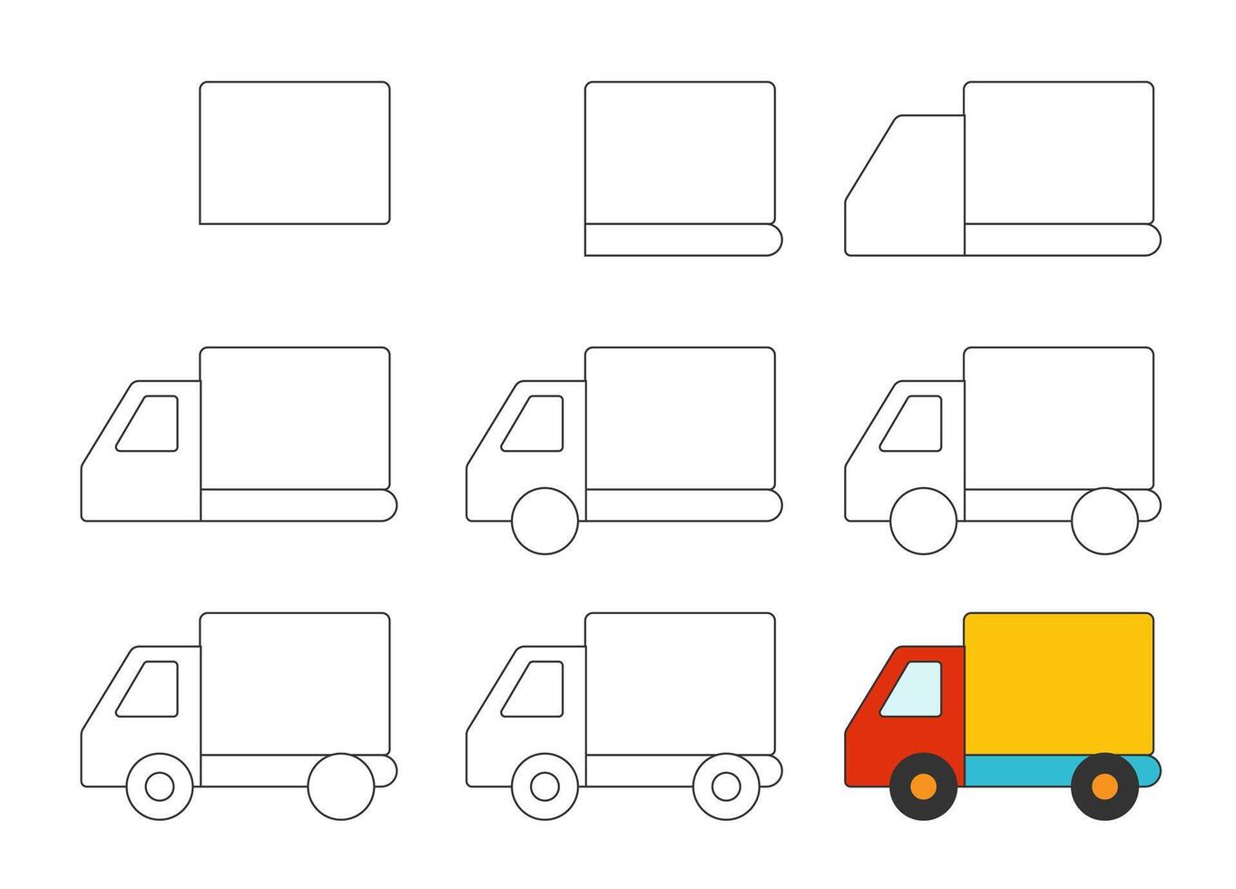 Worksheet easy guide to drawing the truck. Simple step-by-step drawing tutorial for little kids. vector