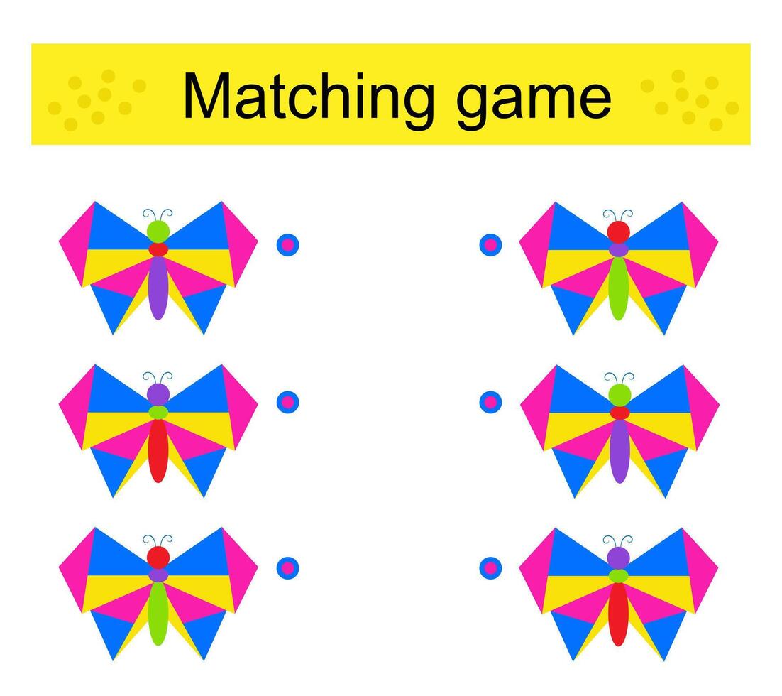 Matching game. Task for the development of attention and logic. Cartoon butterfly. vector