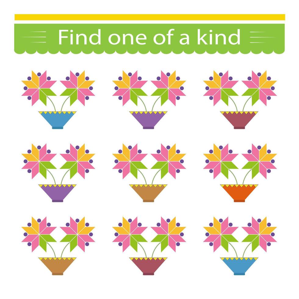 Fun education game for kids. Need to find one of a kind potted plant. Kids activity page. vector