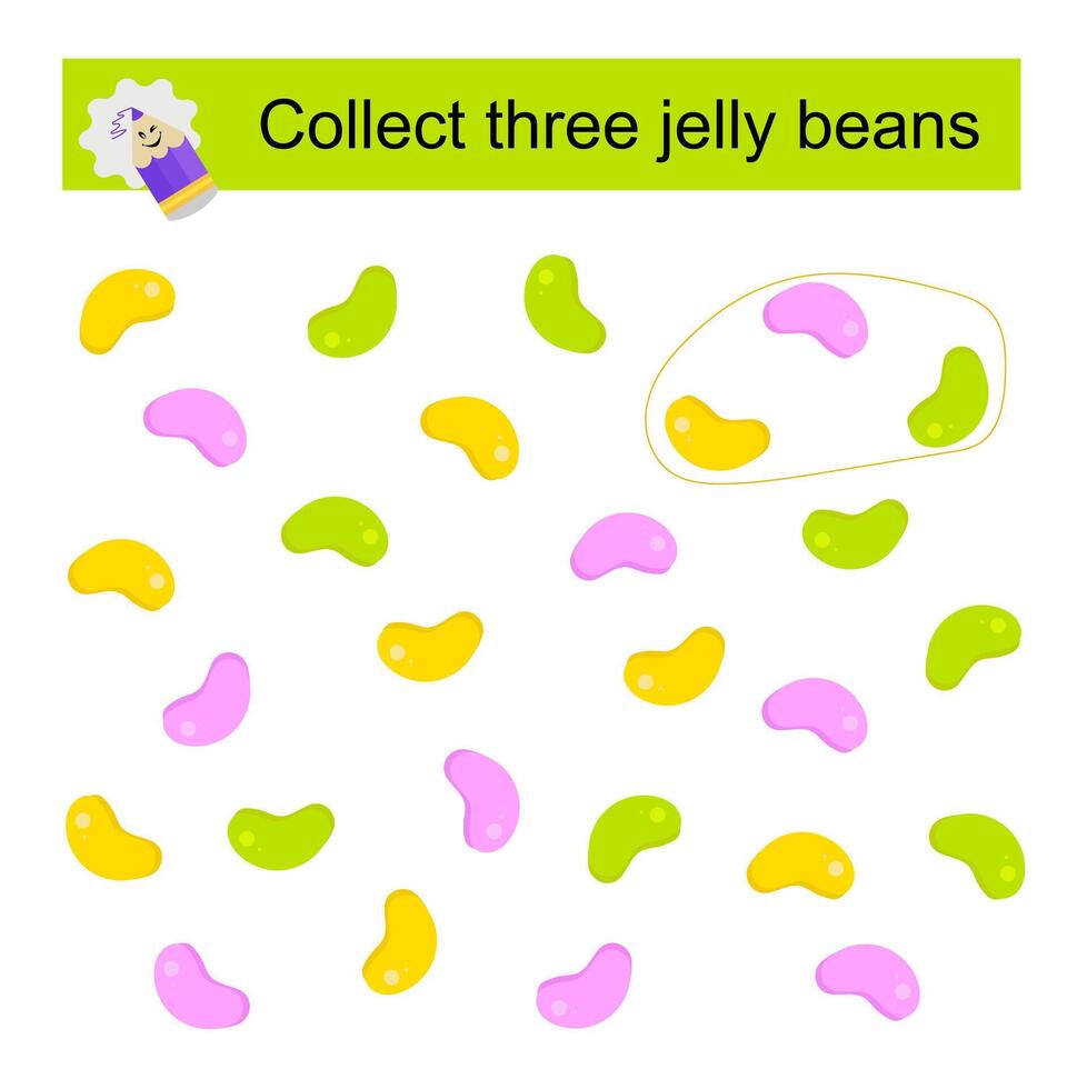 Puzzle game. Collect the three jelly beans. illustration of green, pink and yellow jelly beans. vector