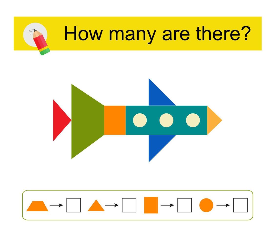 Math activity for kids. Number range up to 5. Cartoon rocket ship. vector