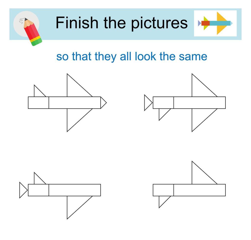 Activity for kids. Finish the pictures so that they all look the same. Cartoon airplane. vector