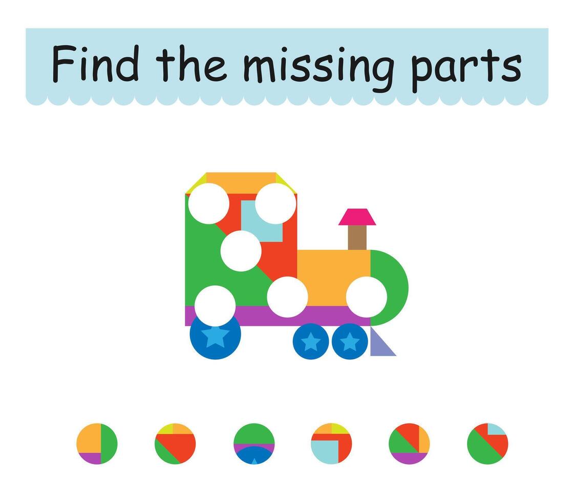 Game for children. Cute cartoon locomotive. Find the missing pieces. vector