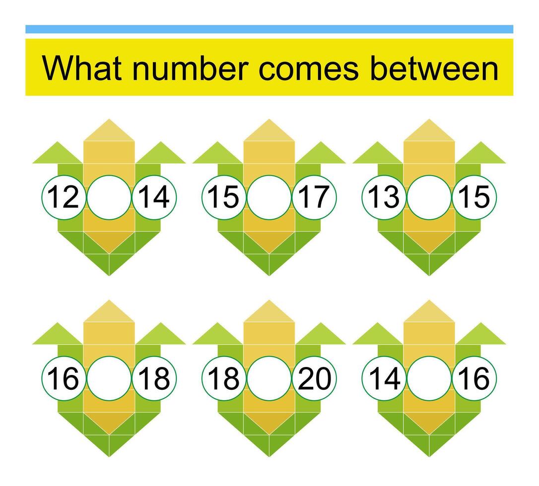 What number comes between Math worksheets for children. Cartoon corn. vector