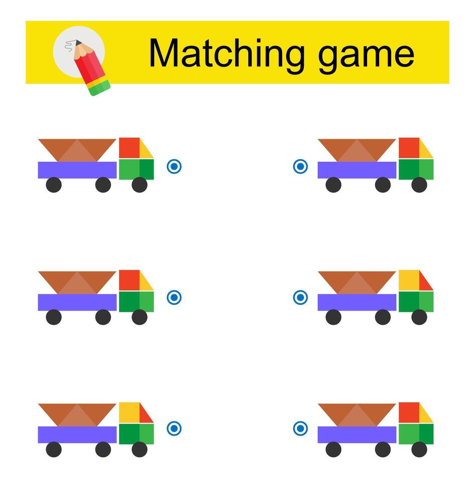 Matching game for children. Task for the development of attention and logic. illustration of cartoon car. vector
