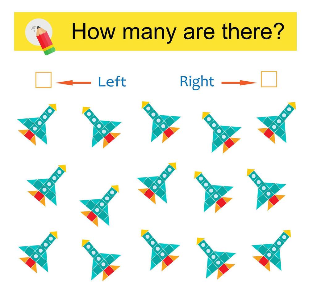 Math activity for kids. Developing numeracy skills. Cartoon rocket. vector