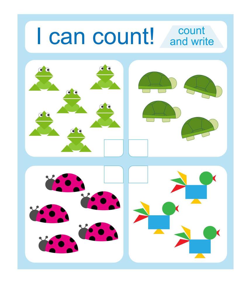 Math activity for kids. I can count Cartoon abimals. vector