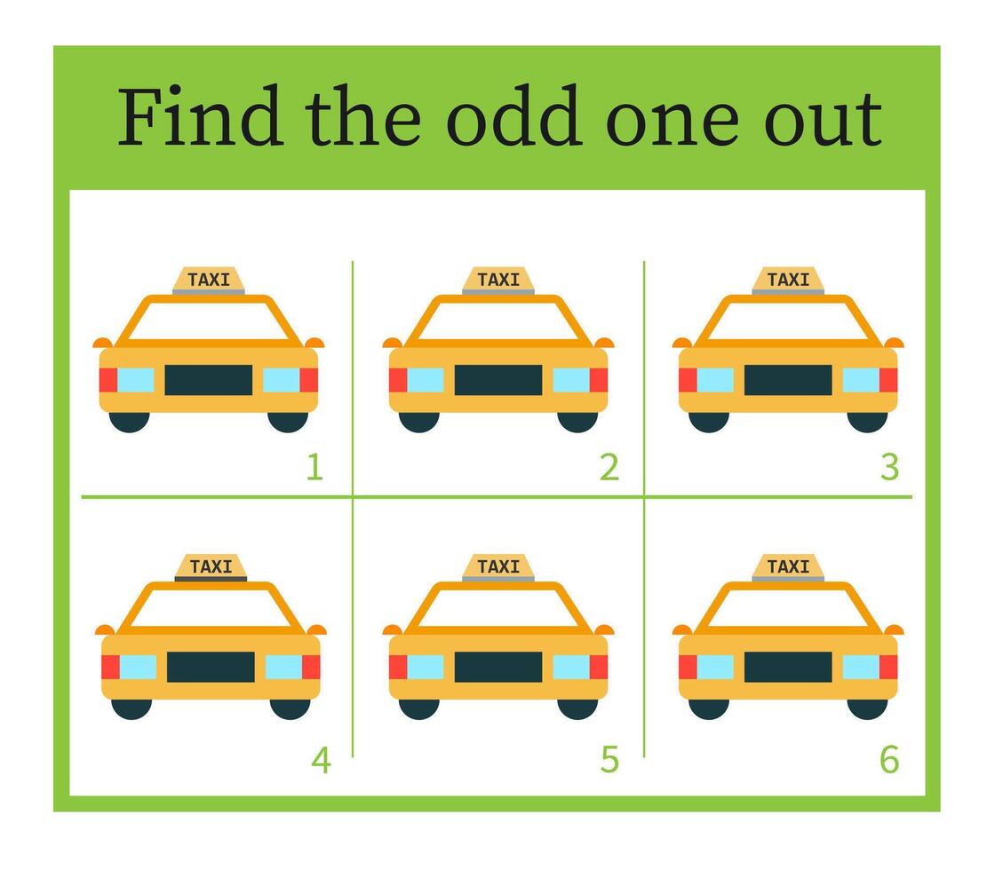 Puzzle game for children. Task for development of attention and logic. Cartoon taxi. vector