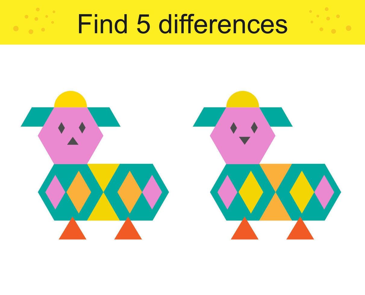 Find 5 differences. Logic puzzle game for kids. Cartoon cute animals. vector