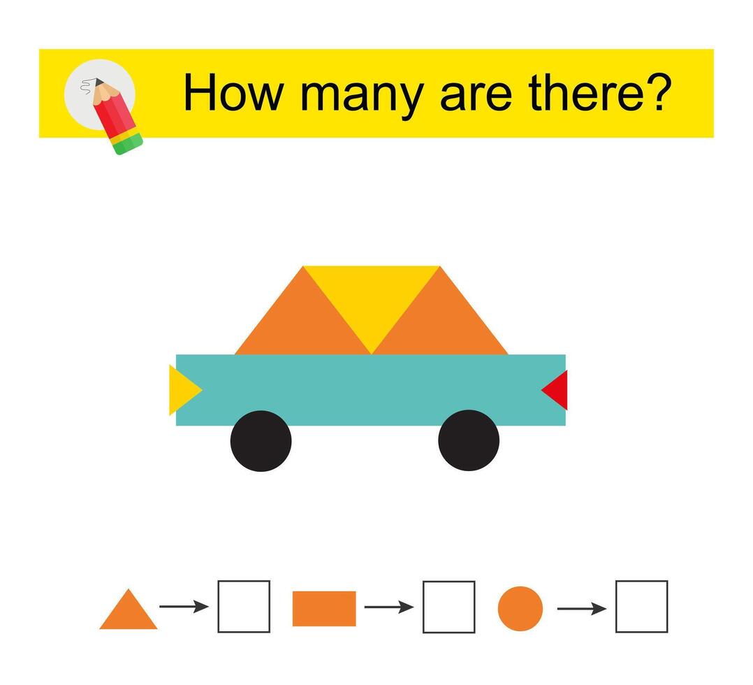Math activity for kids. How many geometric shapes Cartoon car. vector