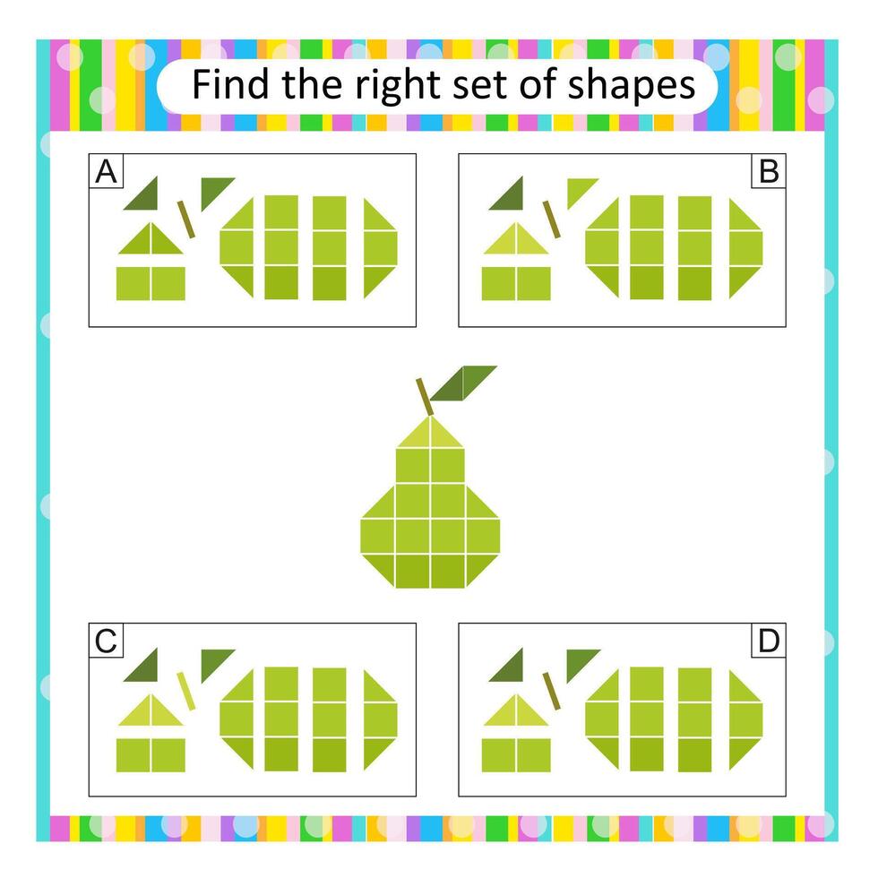 Puzzle for kids. Attention task. Find the correct set of cartoon pear. Answer is D. vector