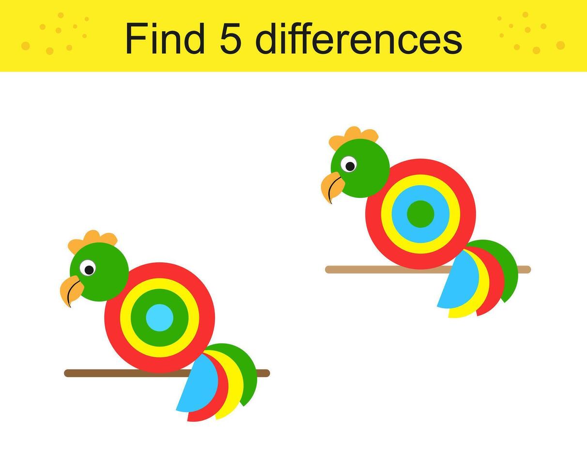Find 5 differences. Logic puzzle game for kids. Cartoon parrots. vector