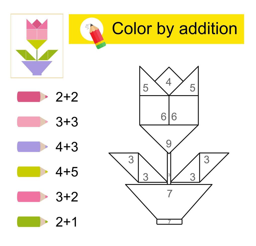 Coloring pages. Color by addition. Illustration for kids education. Cartoon rose. vector
