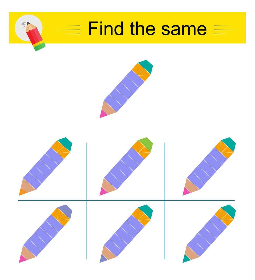 Puzzle game for kids. Task for development of attention and logic. Need to find the exact same pencil. vector