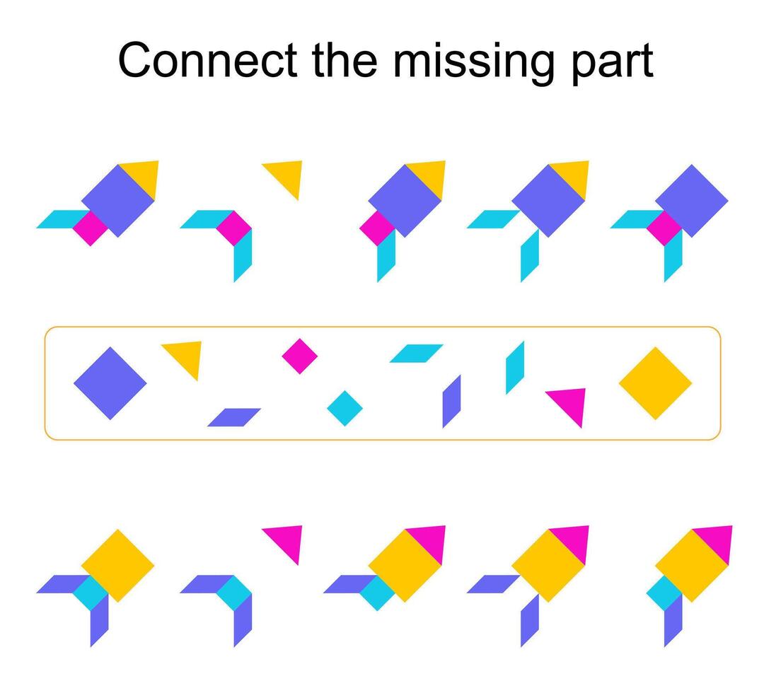 Connect the missing part. Task for the development of attention and logic. illustration of the cartoon rocket. vector