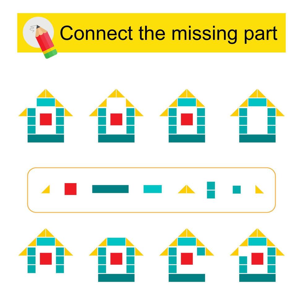 Connect the missing part. Task for the development of attention and logic. Cartoon house. vector