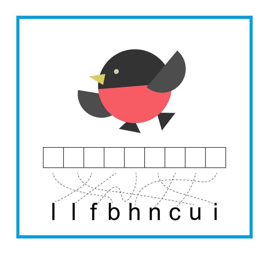 Puzzle game for children. Cartoon bullfinch . Read the word. vector