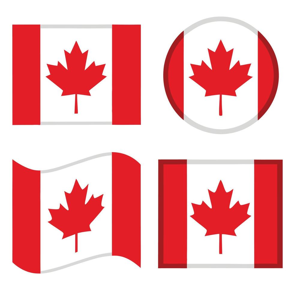 Canada Day Four Canadian Flags with Red Maple Leaves in Various Forms vector