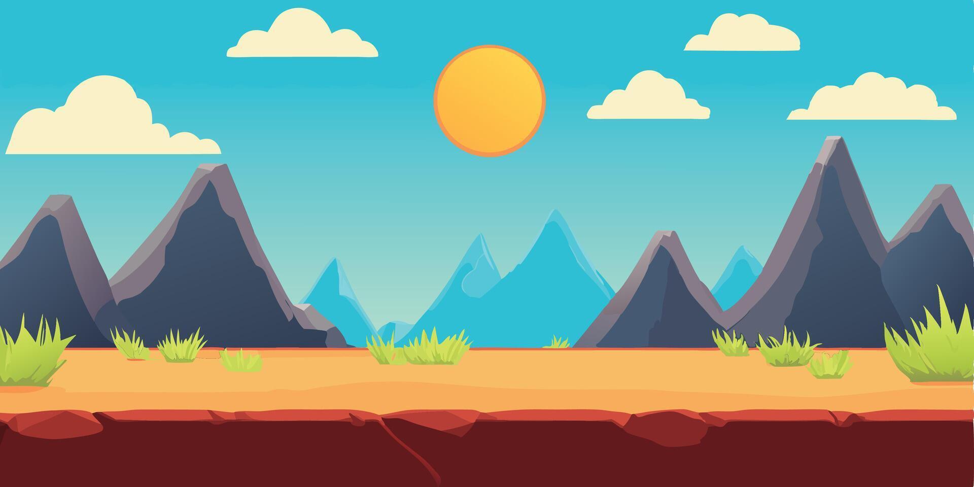 Vibrant Sunny Landscape Game Background Cartoon Mountains Desert Scene vector
