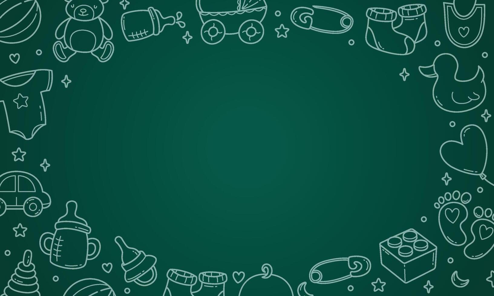Blackboard with doodles frame. School chalkboard with baby stuff hand drawn elements vector
