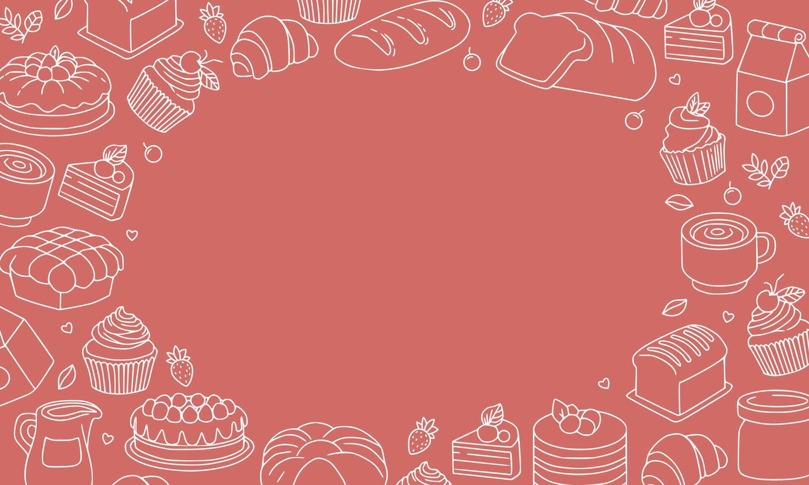 Cake and bakery doodle hand drawn background. Peach background with doodles frame vector