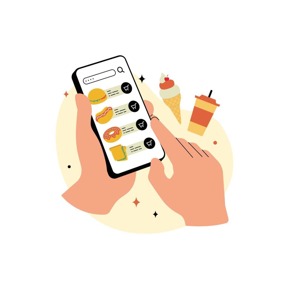 Mobile Food Ordering App Illustration. User consumer Browsing Food Menu vector