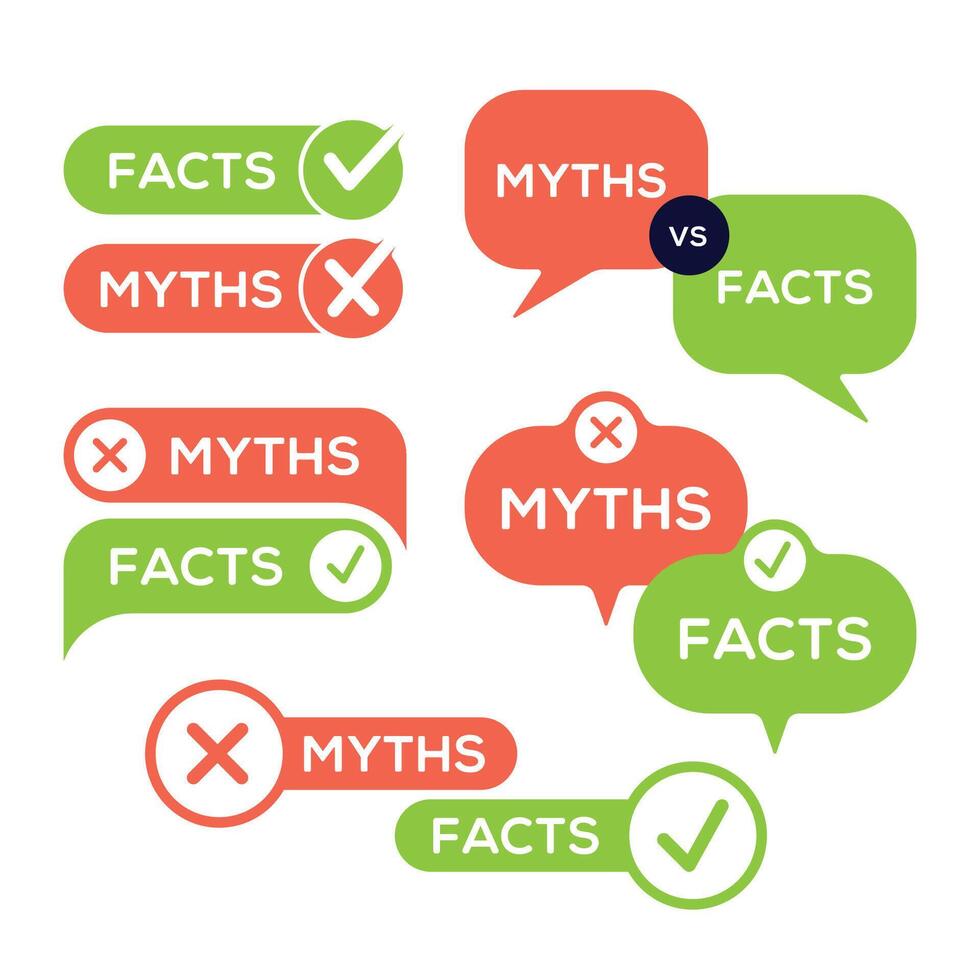 Myths vs Facts icon badges. Facts vs Myths comparison illustration vector