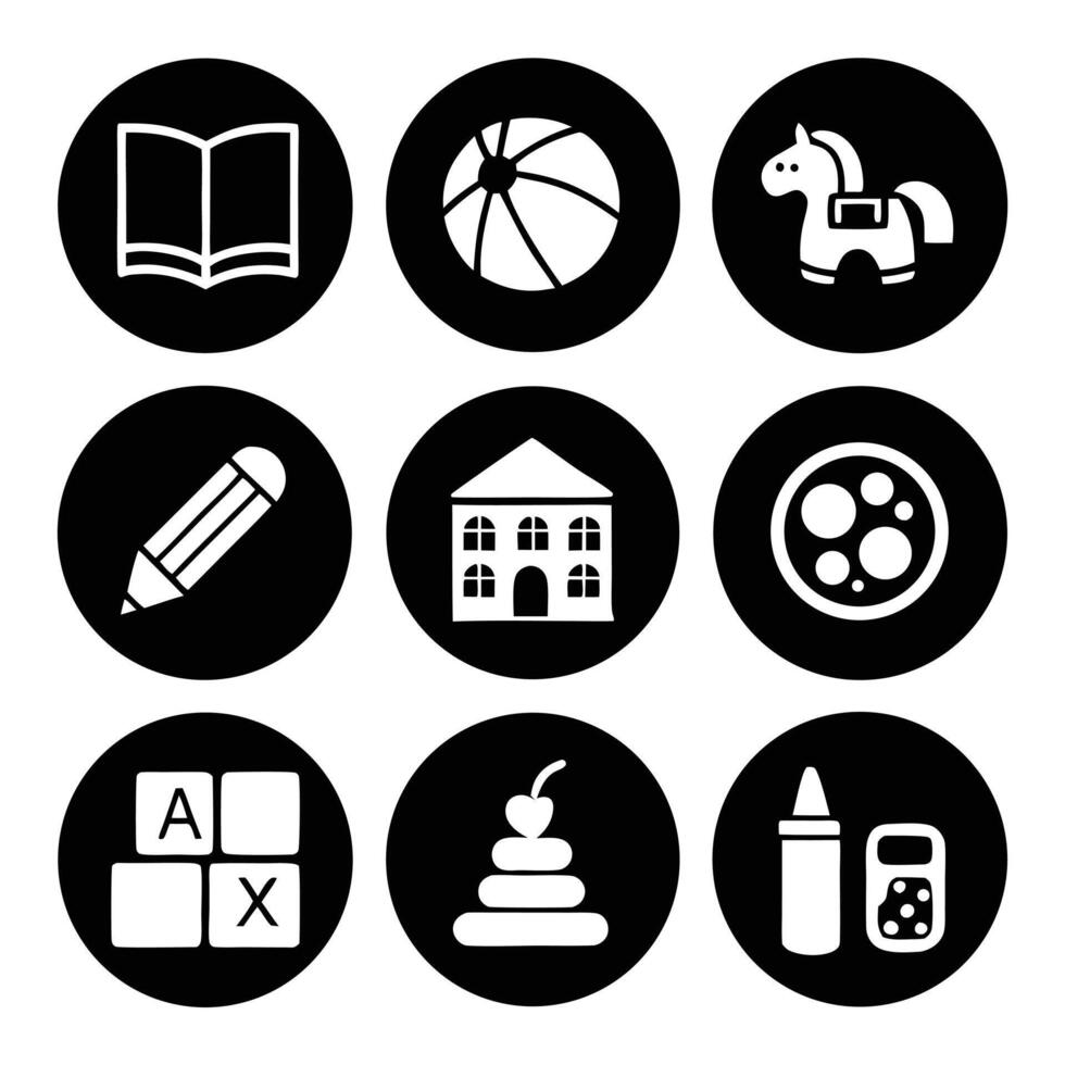 Twenty Simple Blackand White Childrens Icons Set Educational Toy Book Pencil House Ball vector