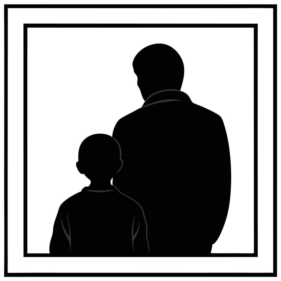 Black Silhouette Father Son Together Framed Image Back View white vector
