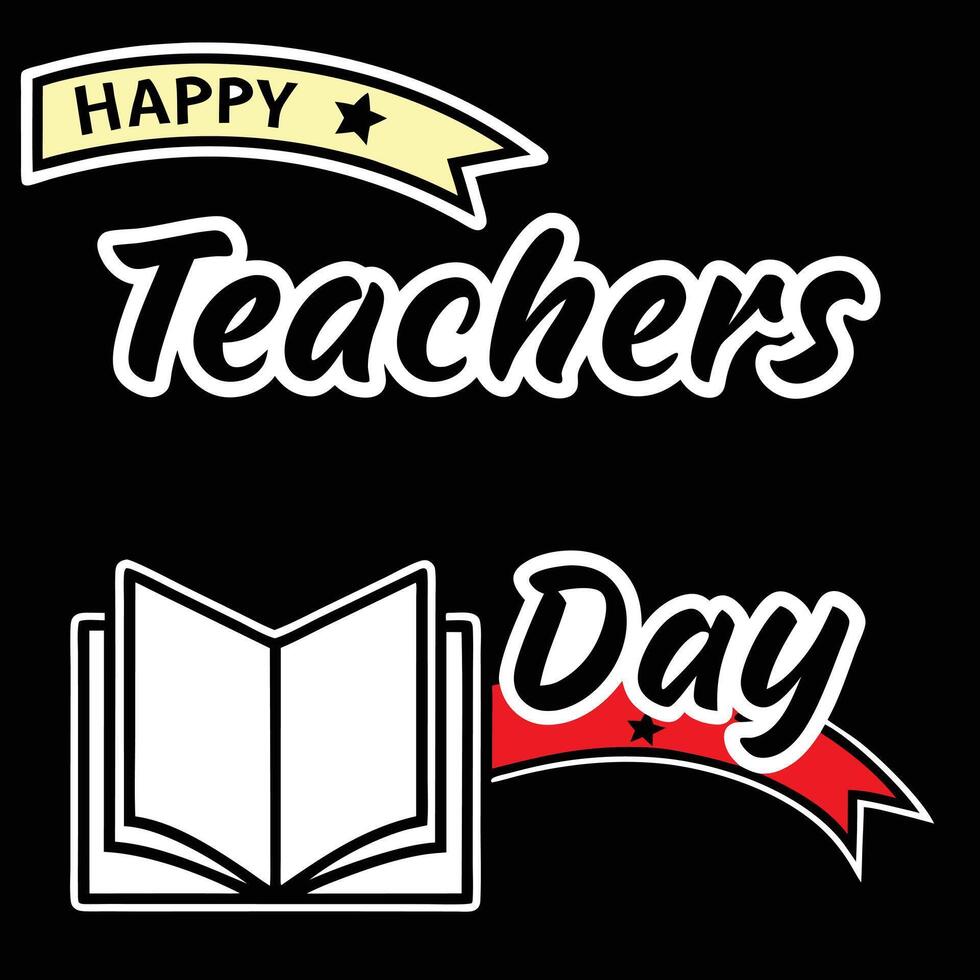 Two stylized Teacher Day logos yellow and red banners book graphic design black background vector