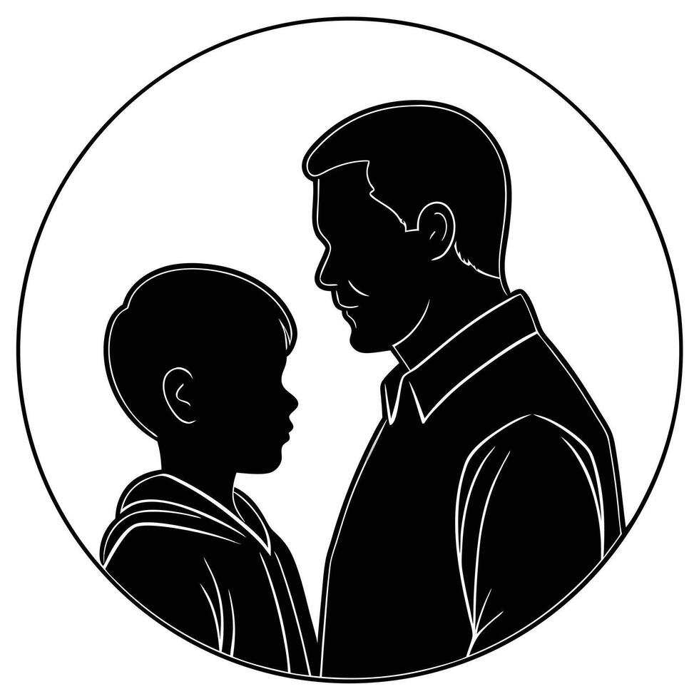 Black Silhouette Father Son Close Up Tender Embrace Circular Frame child vector