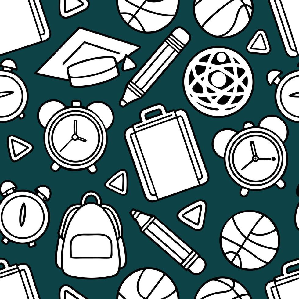 Teal Background Seamless Pattern White Backpack Pencil Alarm Clocks Graduation Cap Basketballs vector