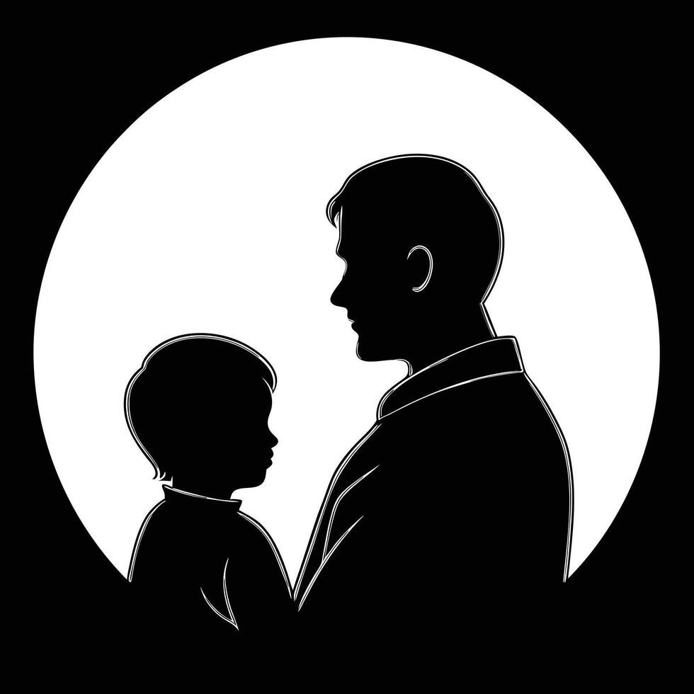 Black And White Silhouette Loving Father Gently Cradling Young Son In Circular Frame child vector