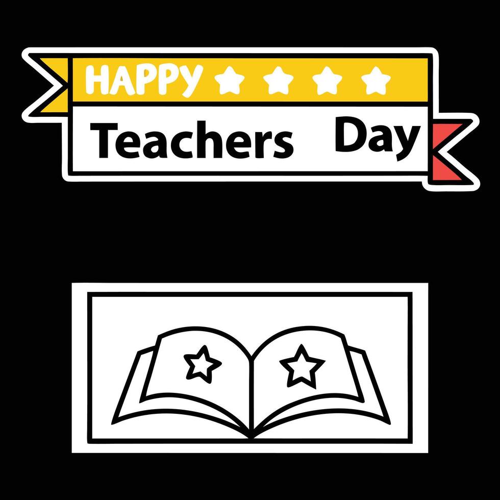 Two Teacher Day Logos Yellow Banner Red Corner Open Book White Stars Black Background Graphics vector