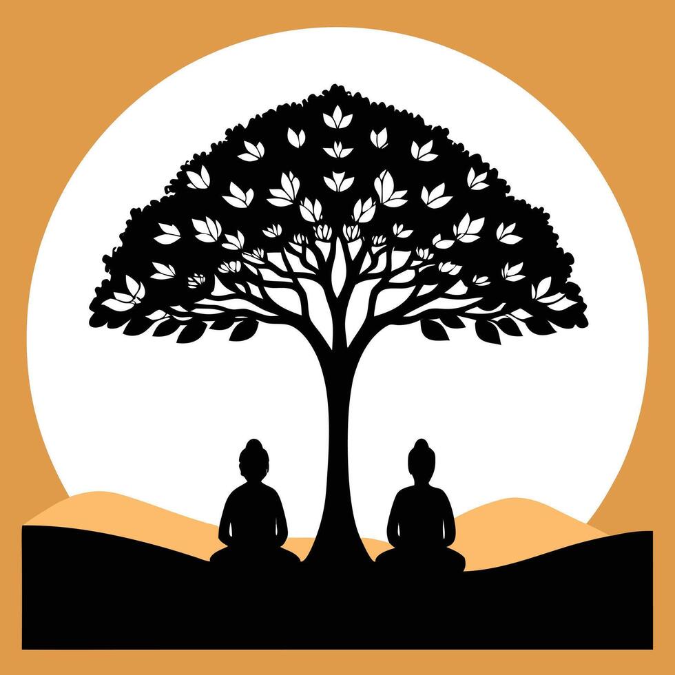 Two Silhouette Figures Meditating Under Large Black Tree With White Flowers Orange Background vector