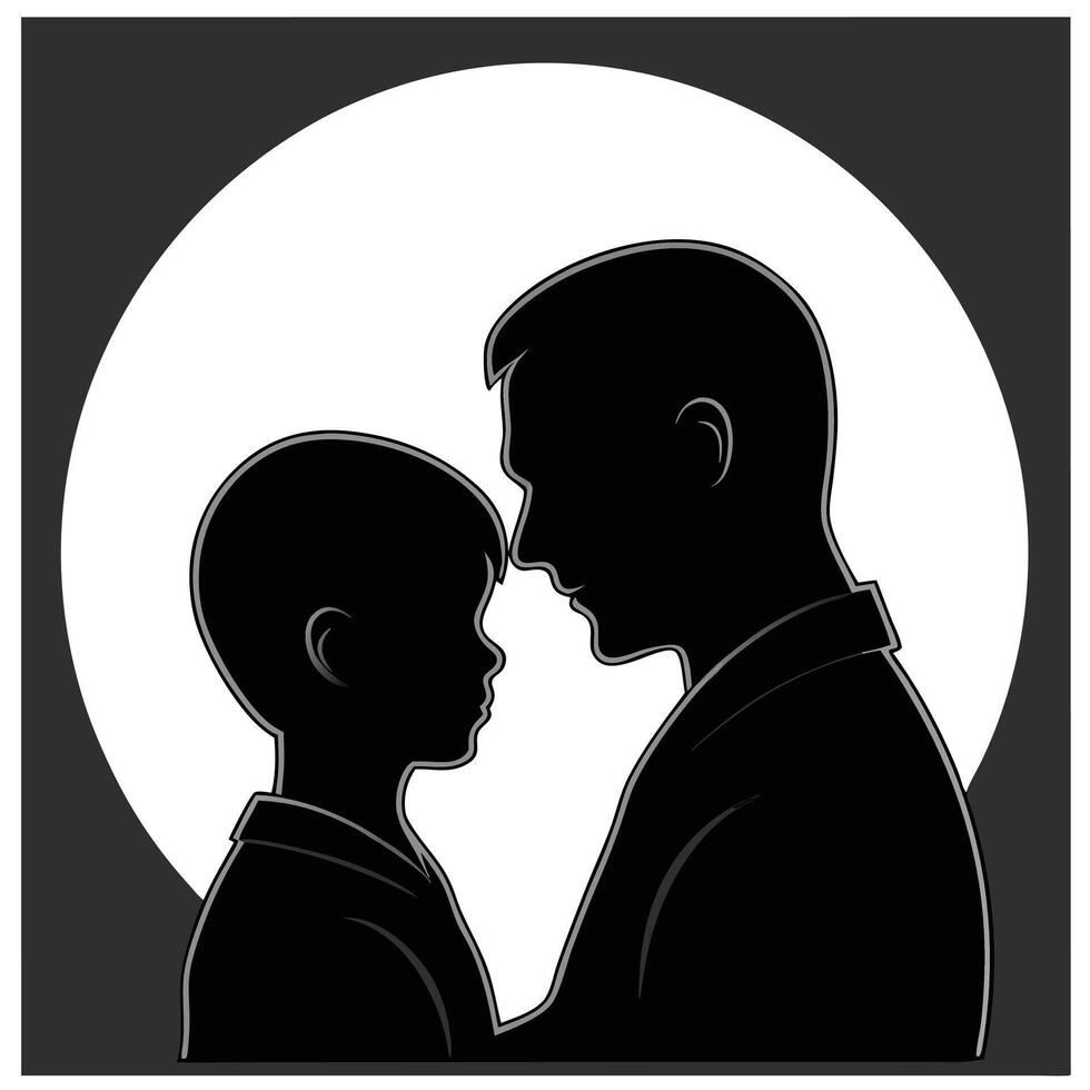 Father Son Silhouette Embrace Black White Moonlit Tender Affectionate vector