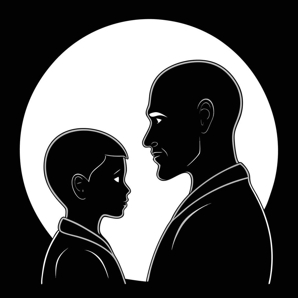 Black And White Silhouette Loving Father Son Facing Each Other Circle Background child vector