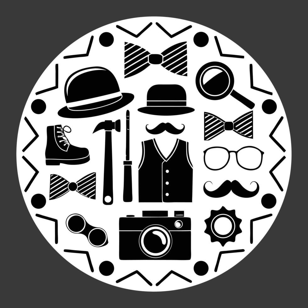 Black And White Gentlemen Accessories Collection Bowties Hats Camera Boots bowler fedora vector