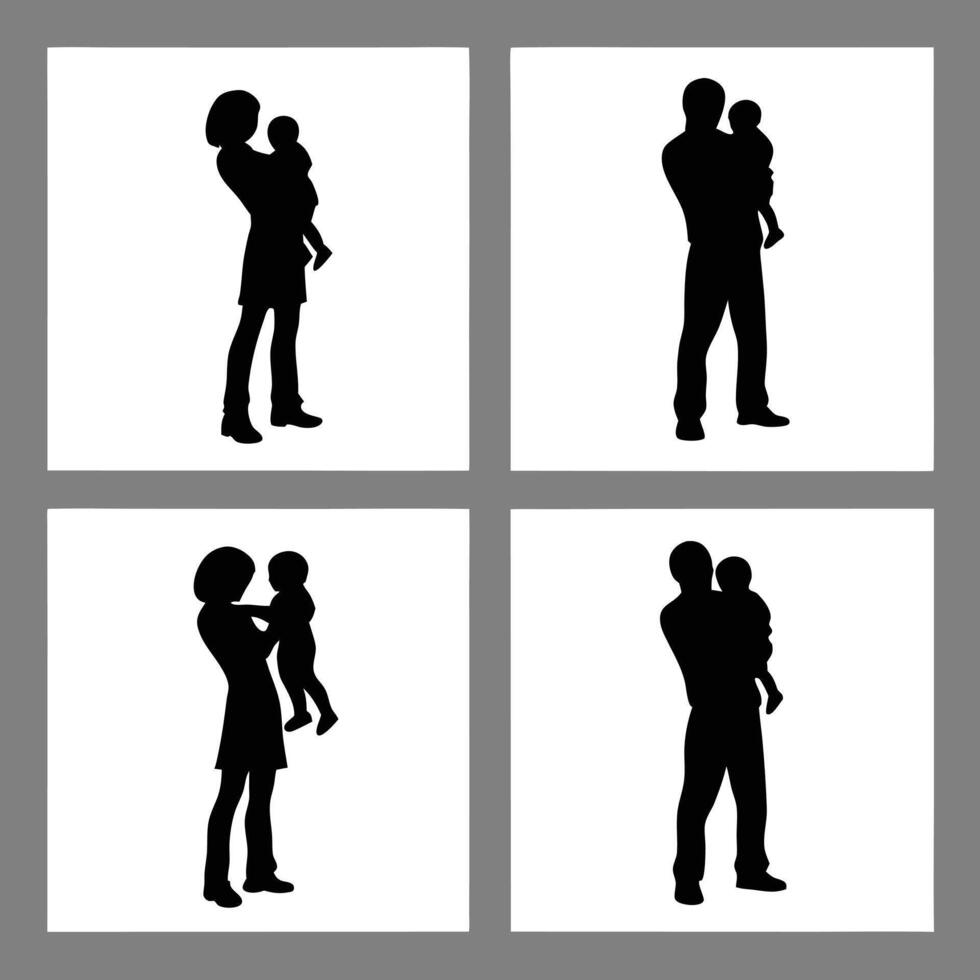 Four Panel Image Silhouettes Parents Holding Babies Black White baby vector