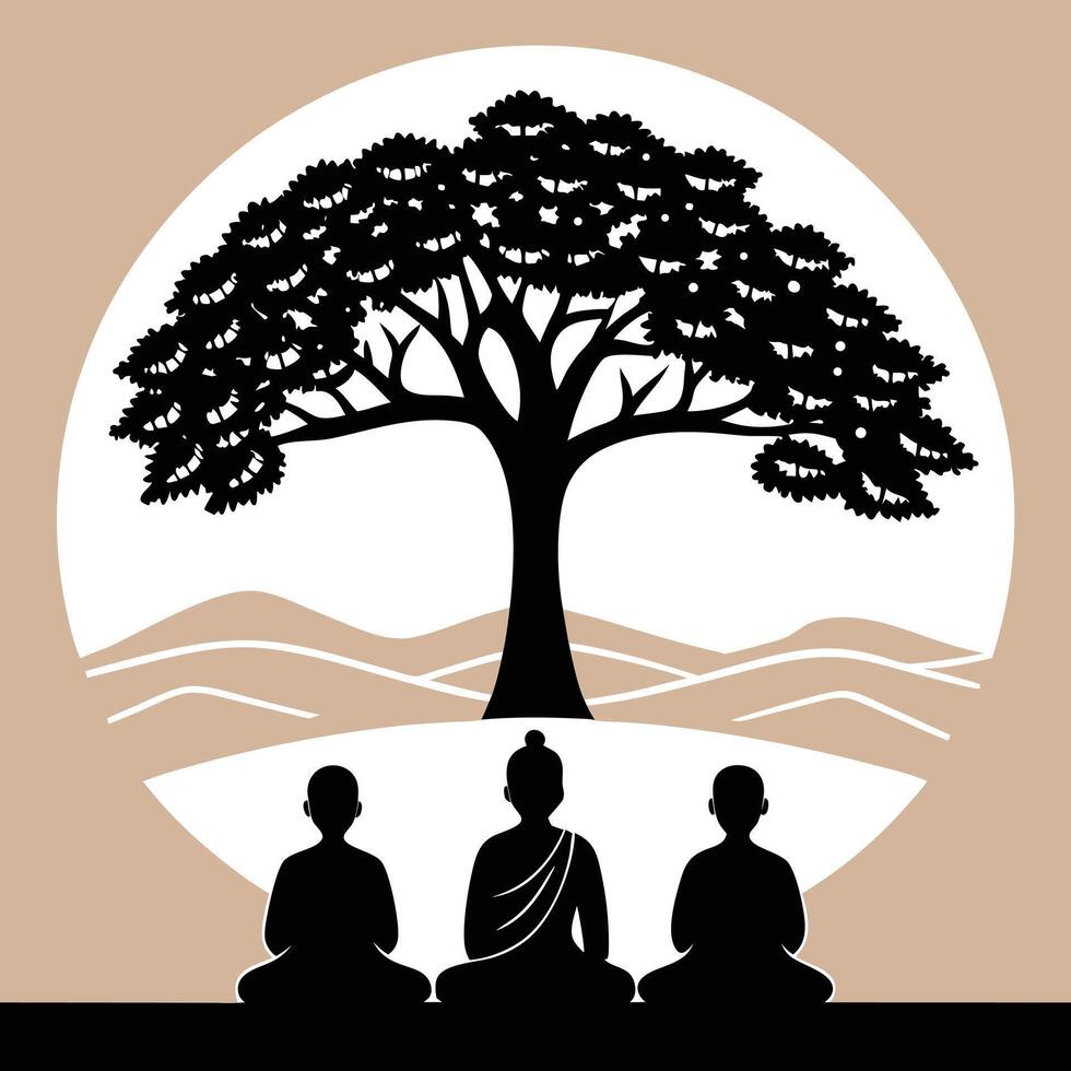 Serene Black Silhouette Monks Meditating Under Large Tree Peaceful Beige Landscape meditation vector