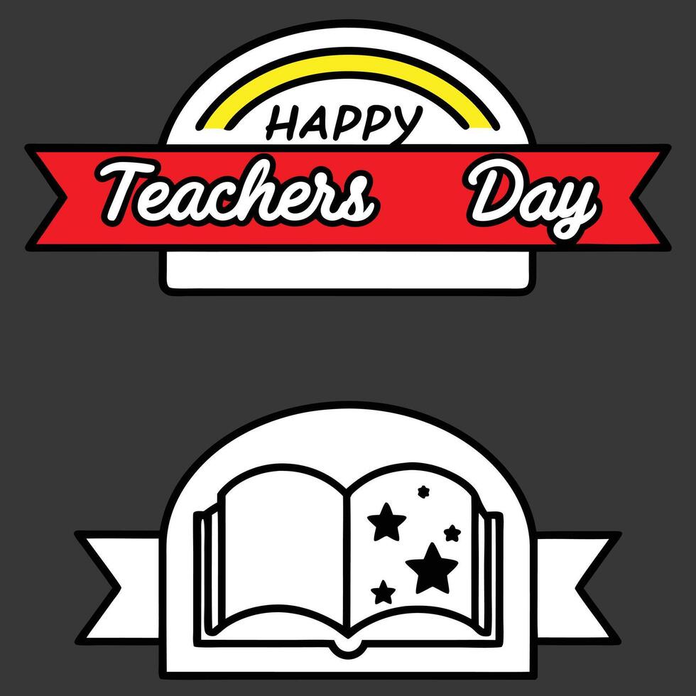 Two Teacher Logos Red Yellow White Book Stars Ribbon Badge Design Happy Teachers Day vector