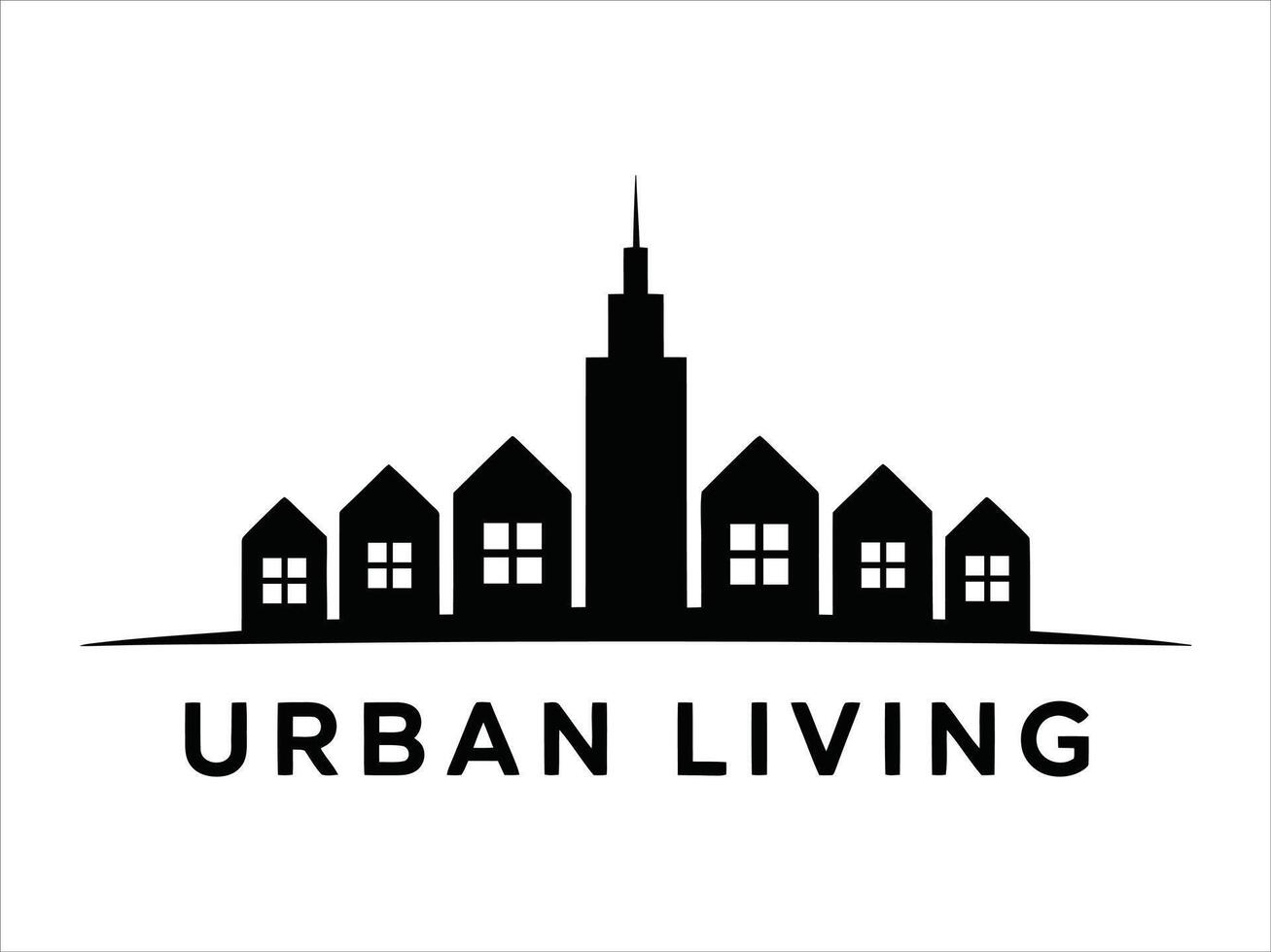 Simple black and white urban living design featuring houses and a city skyline. vector