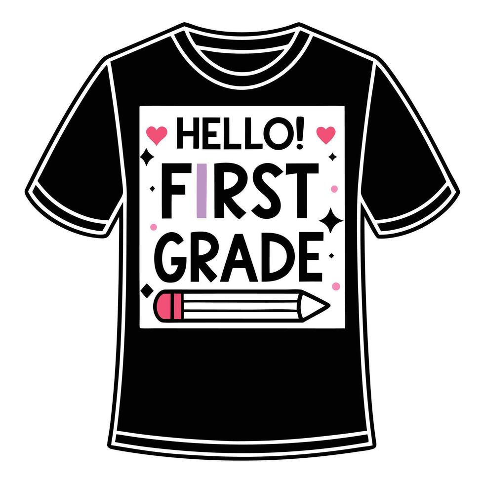 Black T Shirt Featuring Hello First Grade Design Pink Hearts Pencil tshirt vector