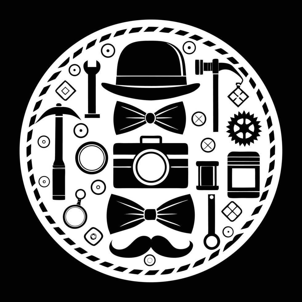 Black And White Gentlemen Accessories Collection Bowties Hat Camera Tools Mustache vector