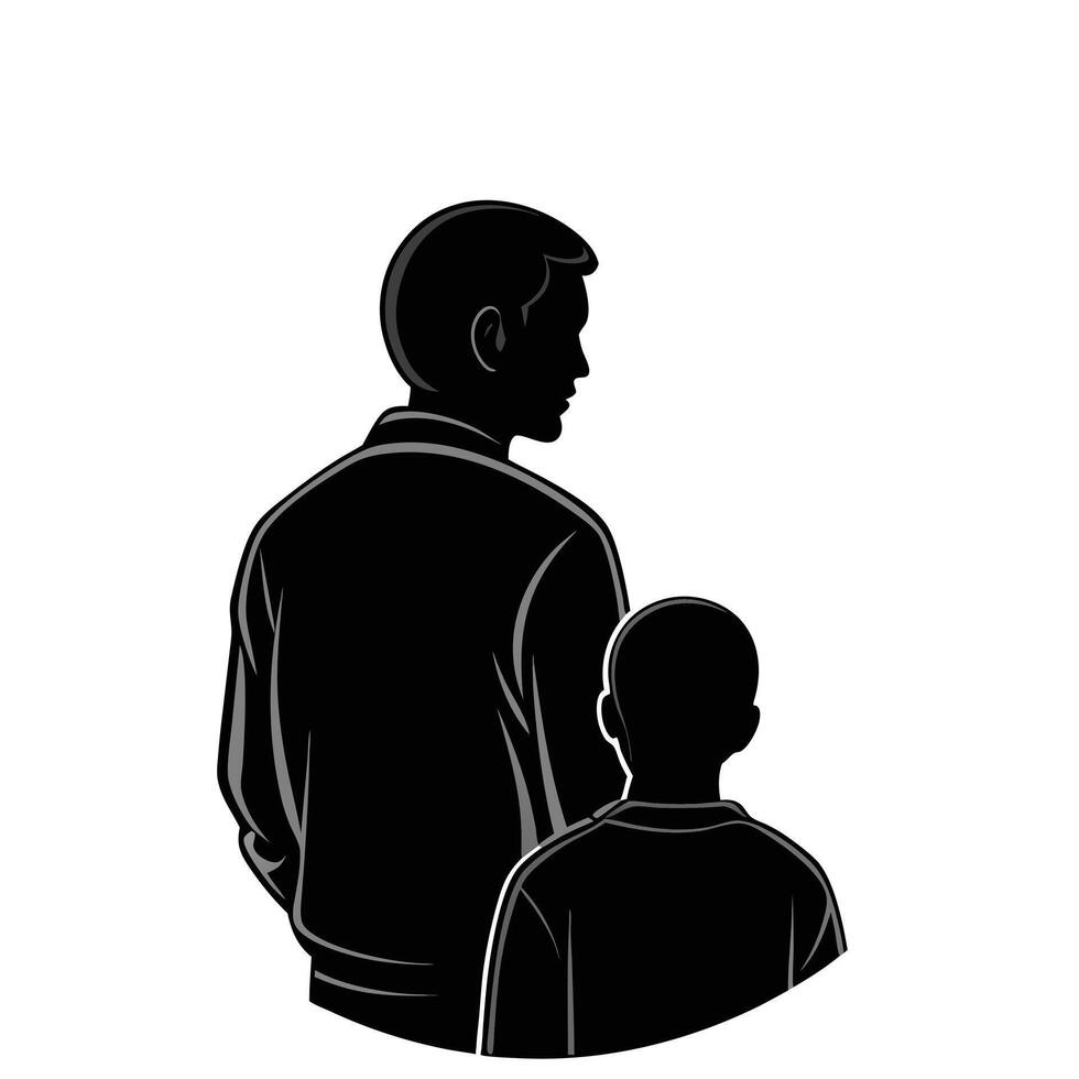Minimalist Black Silhouette Father Son Back View Grey Accents Circular Design vector