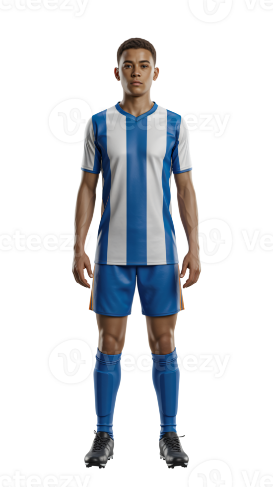 A soccer player in blue and white uniform png