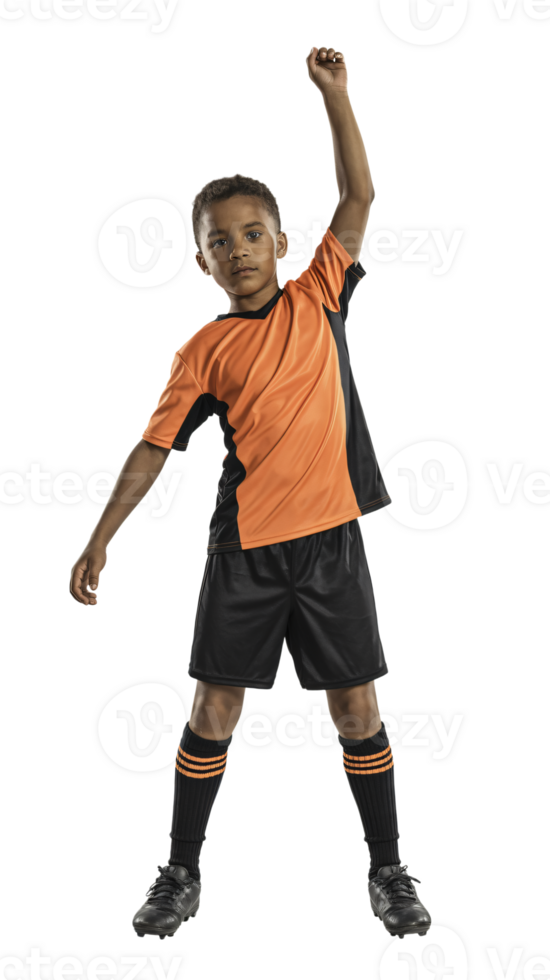 A young boy in an orange and black soccer uniform png