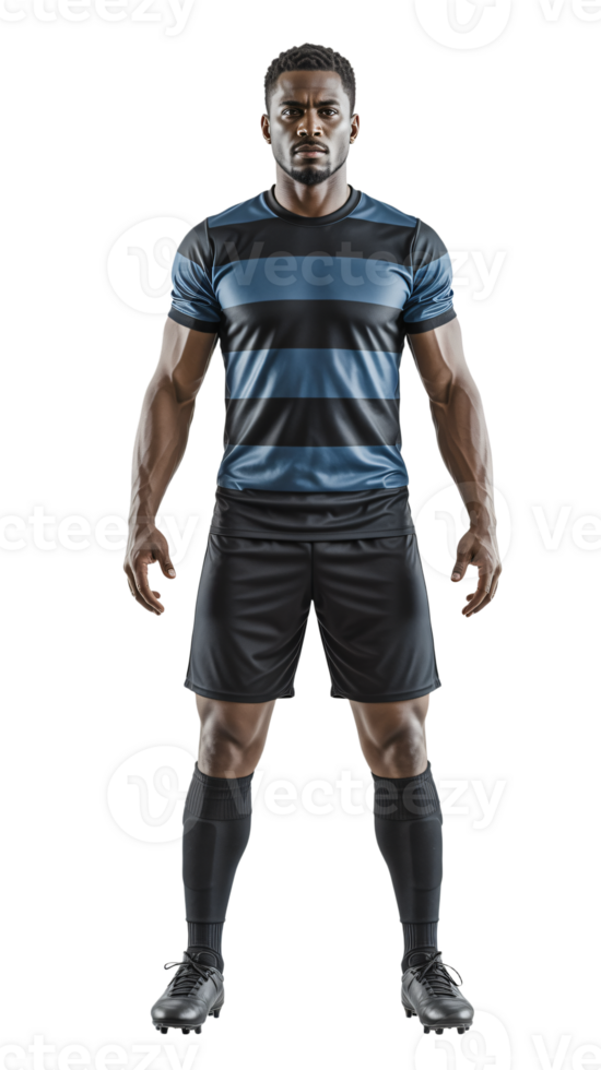 A soccer player in a blue and black striped shirt png