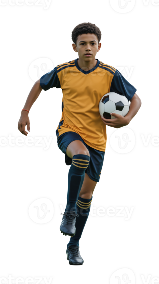 A young man in a yellow and black soccer uniform is holding a soccer ball png