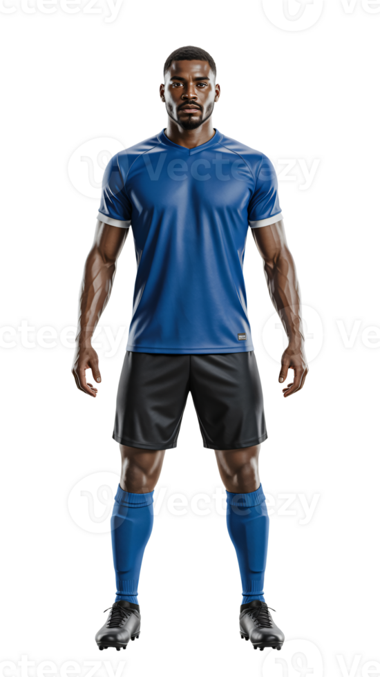 A soccer player in blue uniform standing with his hands on his hips png